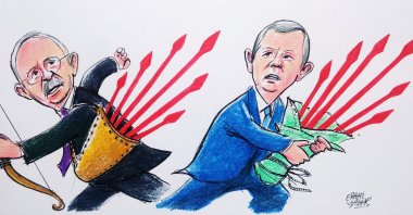The illustration symbolically depicts former and current chairs of the main opposition Republican People's Party (CHP), Kemal Kılıçdaroğlu (L) and Özgür Özel, each holding six red arrows, representing the official logo of the party. (Illustration by Erhan Yalvaç)