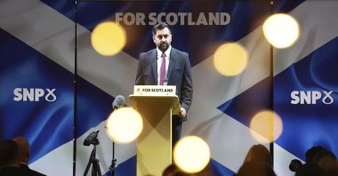 Scotland&#039;s First Minister and SNP Leader Humza Yousaf launches the party&#039;s General Election campaign at an event in Glasgow, Scotland, Jan. 12, 2024. (AP Photo)