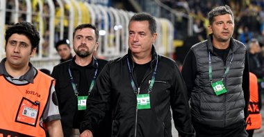 Turkish media mogul and Hull City owner Acun Ilıcalı (2nd R) arrives at the Conference League match between Fenerbahçe and Olympiacos, Istanbul, Türkiye, April 18, 2024. (AA Photo)