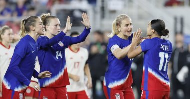 USWNT&#039;s Sophia Smith (R) celebrates her goal against Canada with teammates during the shoot out of a SheBelieves Cup women&#039;s match, Ohio, U.S., April 9, 2024. (AP Photo)
