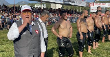 Şükrü Kayabaş, the lead announcer for the historic Kırkpınar Oil Wrestling Festival at the 25th Agricultural and Greenhouse Festival, Antalya, Türkiye, April 28, 2024. (AA Photo)