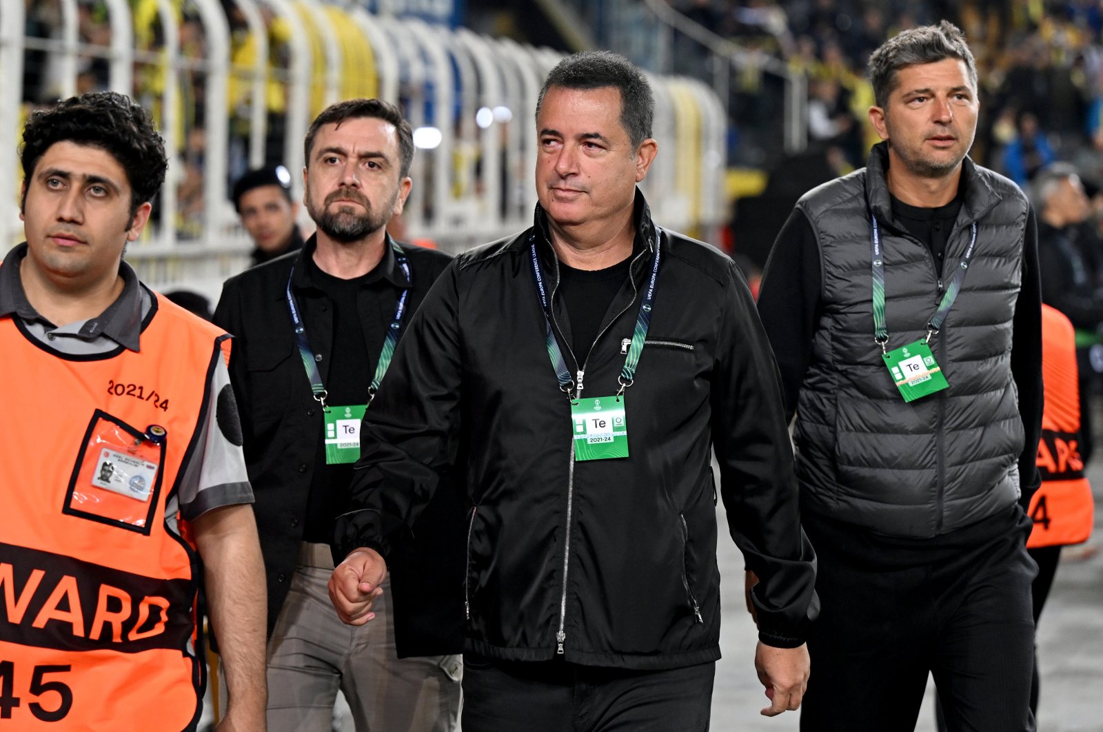 Turkish media mogul and Hull City owner Acun Ilıcalı (2nd R) arrives at the Conference League match between Fenerbahçe and Olympiacos, Istanbul, Türkiye, April 18, 2024. (AA Photo)