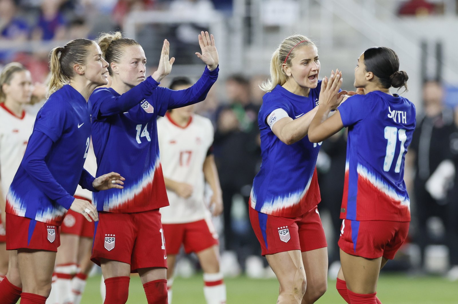 USWNT&#039;s Sophia Smith (R) celebrates her goal against Canada with teammates during the shoot out of a SheBelieves Cup women&#039;s match, Ohio, U.S., April 9, 2024. (AP Photo)