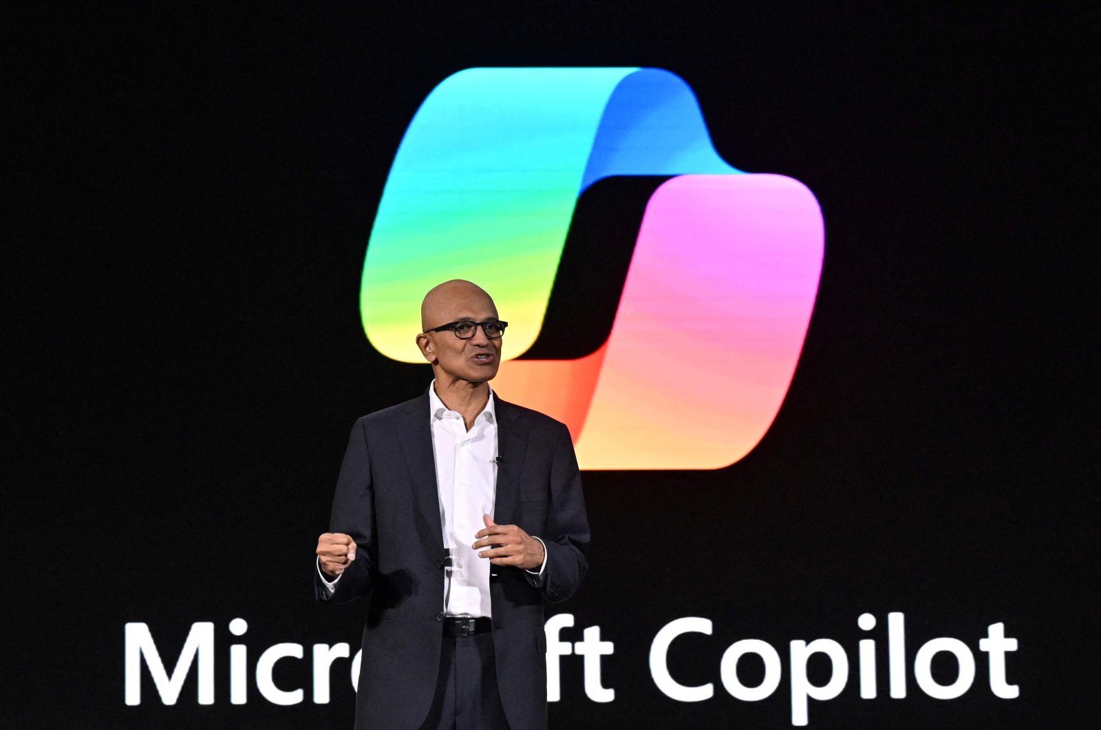 Microsoft CEO Satya Nadella delivers a speech during an event named Microsoft Build AI Day in Jakarta, Indonesia, April 30, 2024. (AFP Photo)