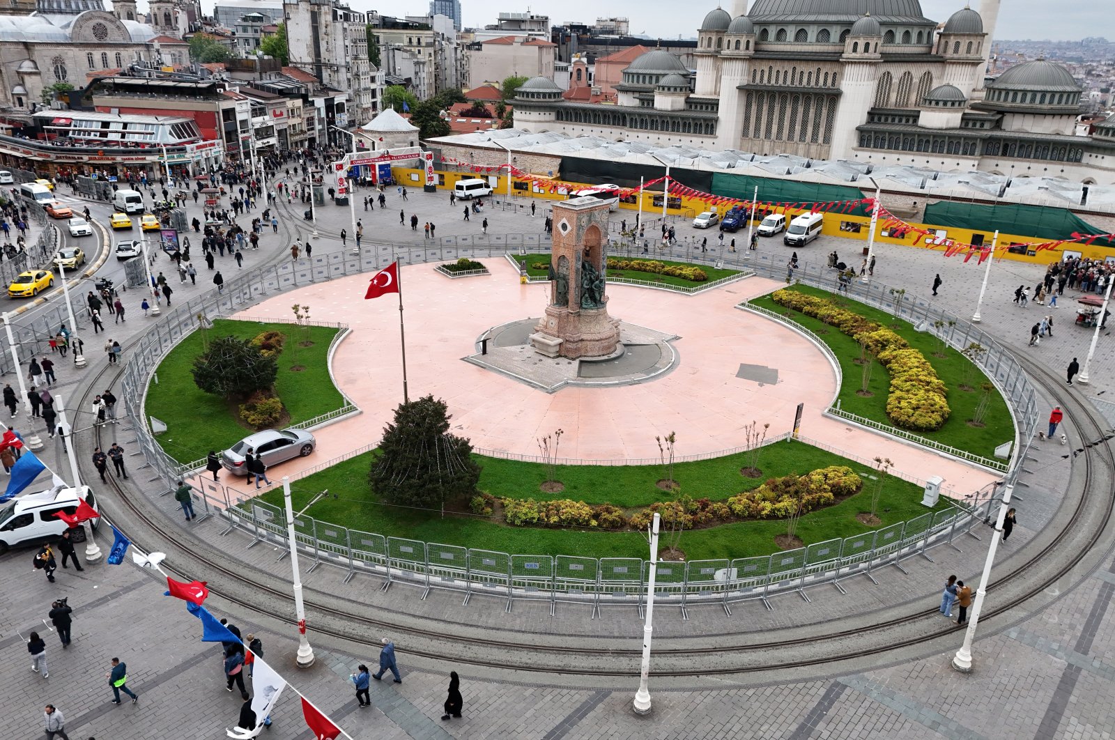 An aerial view of Taksim Square surrounded by barriers set up by police, in Istanbul, Türkiye, April 30, 2024. (IHA Photo)