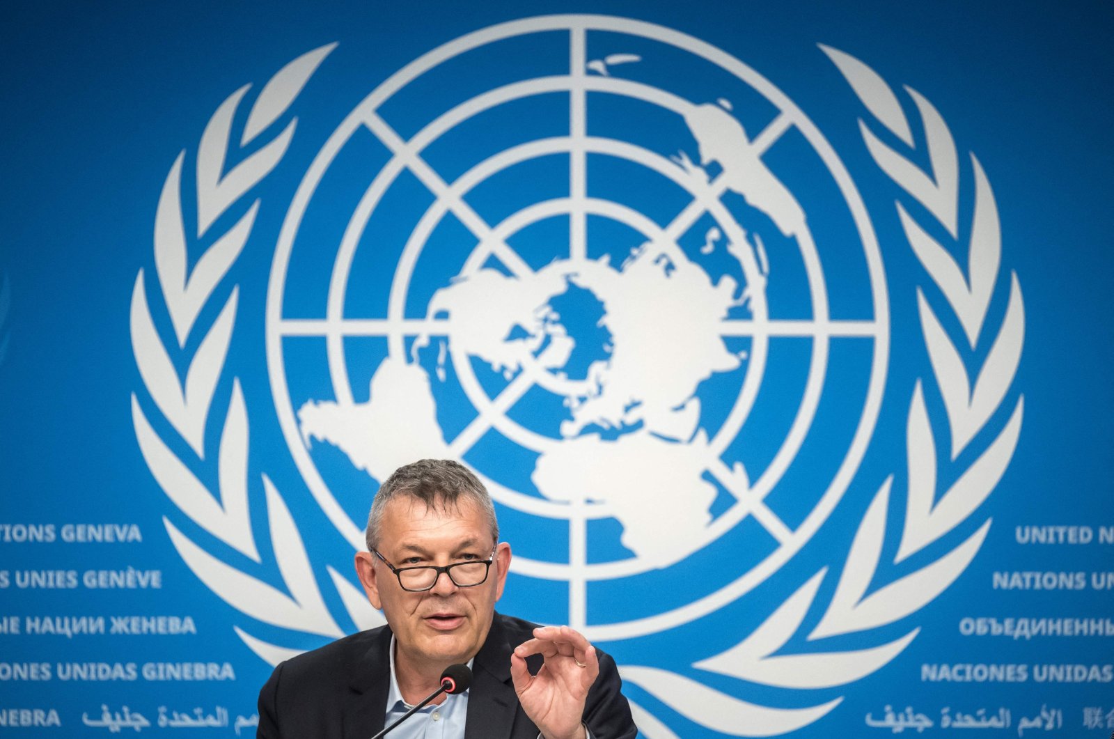 UNRWA Commissioner-General Philippe Lazzarini gestures during a news conference on the situation in the Palestinian Gaza Strip enclave, at the United Nations offices in Geneva, on April 30, 2024. (AFP Photo)