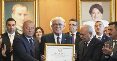 At the fifth extraordinary convention of the Good Party (IP), Müsavat Dervişoğlu (C), who was elected as the party&#039;s new chairperson, received his party leadership certificate at a ceremony held in the Parliament, Ankara, Türkiye, April 30, 2024. (AA Photo)