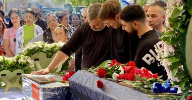 Mourners attend a funeral for four Bulgarian citizens of Turkish descent killed in a Solingen arson attack, southern Plovdiv, Bulgaria, April 4, 2024. (AA Photo)