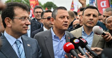 Republican People's Party’s (CHP) Chair Özgür Özel (C) talks to reporters as he and Istanbul Mayor Ekrem Imamoğlu (L) attend a Labor Day rally in Istanbul, Türkiye, May 1, 2024. (AA Photo)