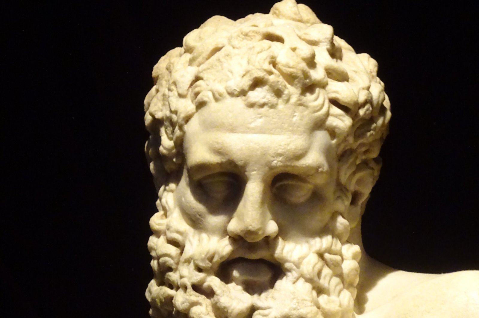 A close-up of the face of the statue of Hercules (Heracles), a Roman statue from ancient Perge, Antalya Archeology Museum. (Photo courtesy of A. Peter Dore)