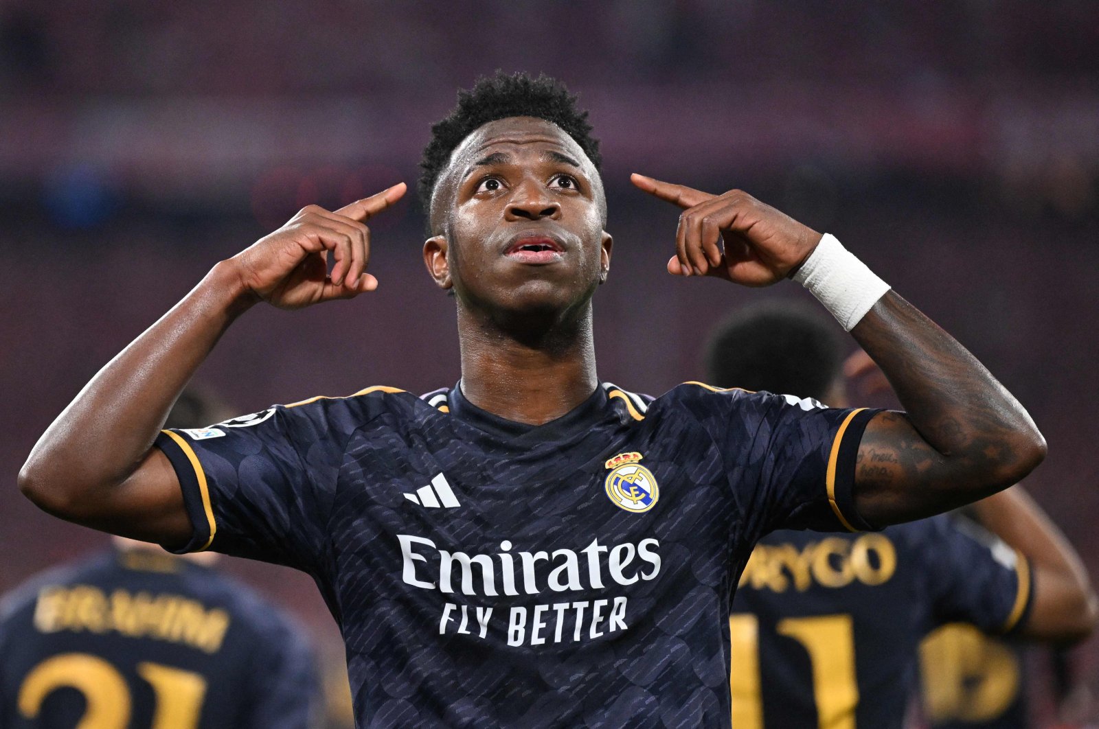 Real Madrid&#039;s Vinicius Junior celebrates scoring a penalty during the UEFA Champions League semifinal first leg football match against Bayern Munich, Munich, Germany, April 30, 2024. (AFP Photo)