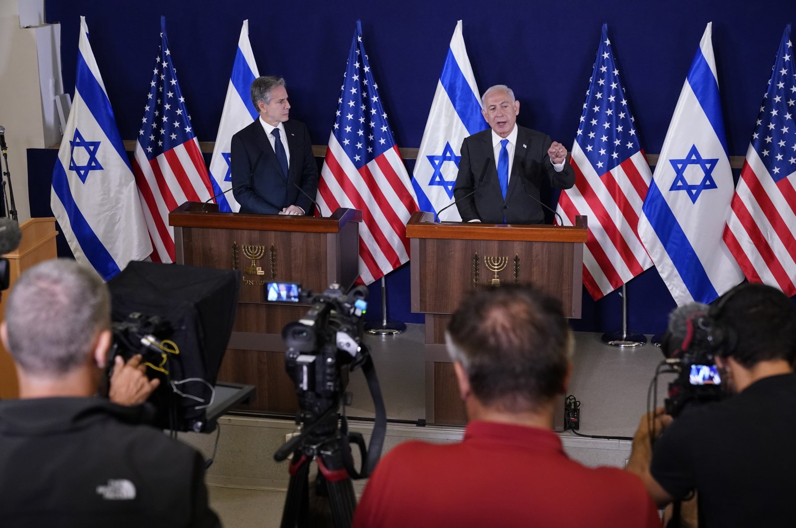 Israeli Prime Minister Benjamin Netanyahu (R) made statements with Secretary of State Antony Blinken to the media, inside The Kirya, which houses the Israeli Ministry of Defense, after their meeting in Tel Aviv, Israel, Oct. 12, 2023. (AP Photo)