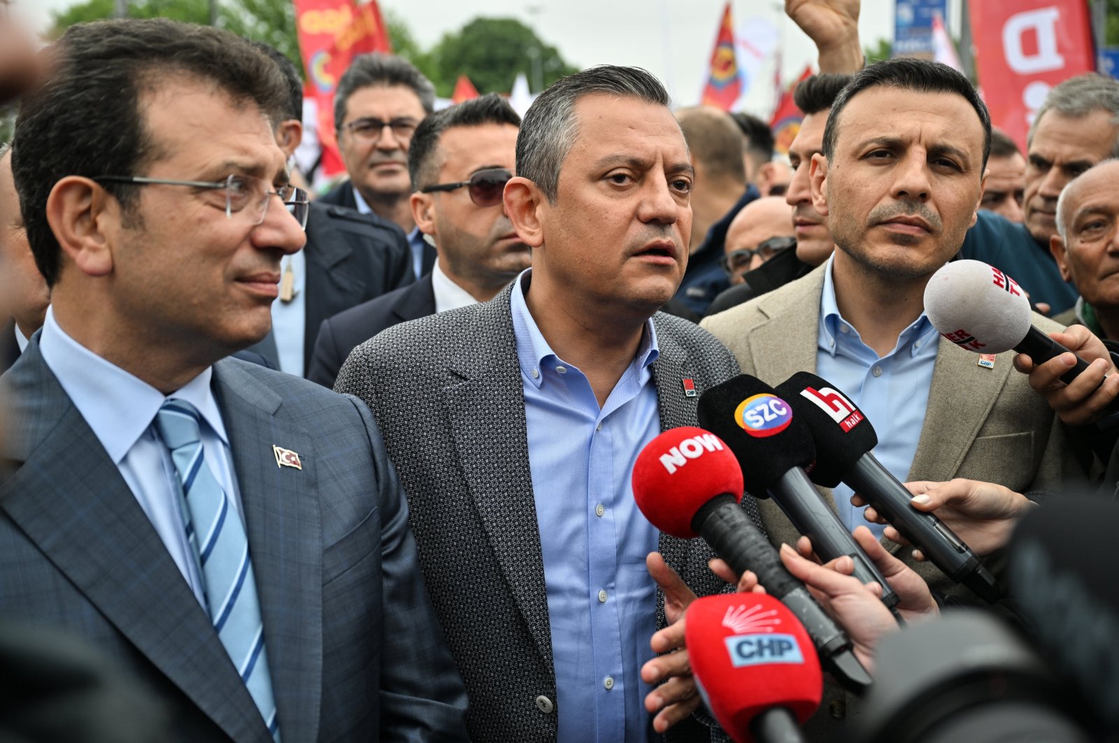 Republican People&#039;s Party’s (CHP) Chair Özgür Özel (C) talks to reporters as he and Istanbul Mayor Ekrem Imamoğlu (L) attend a Labor Day rally in Istanbul, Türkiye, May 1, 2024. (AA Photo)