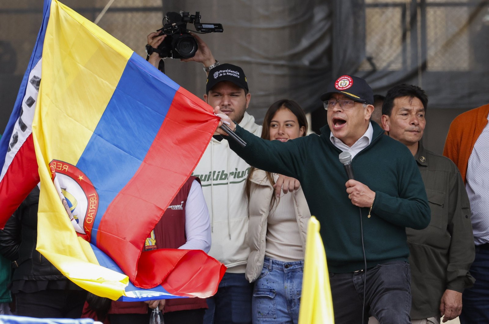 Colombia&#039;s President Gustavo Petro waves a Colombian national flag in the middle of his speech at the end of a demonstration to mark International Workers&#039; Day at Bolivar square in Bogota, Colombia, May 1, 2024. (EPA Photo)