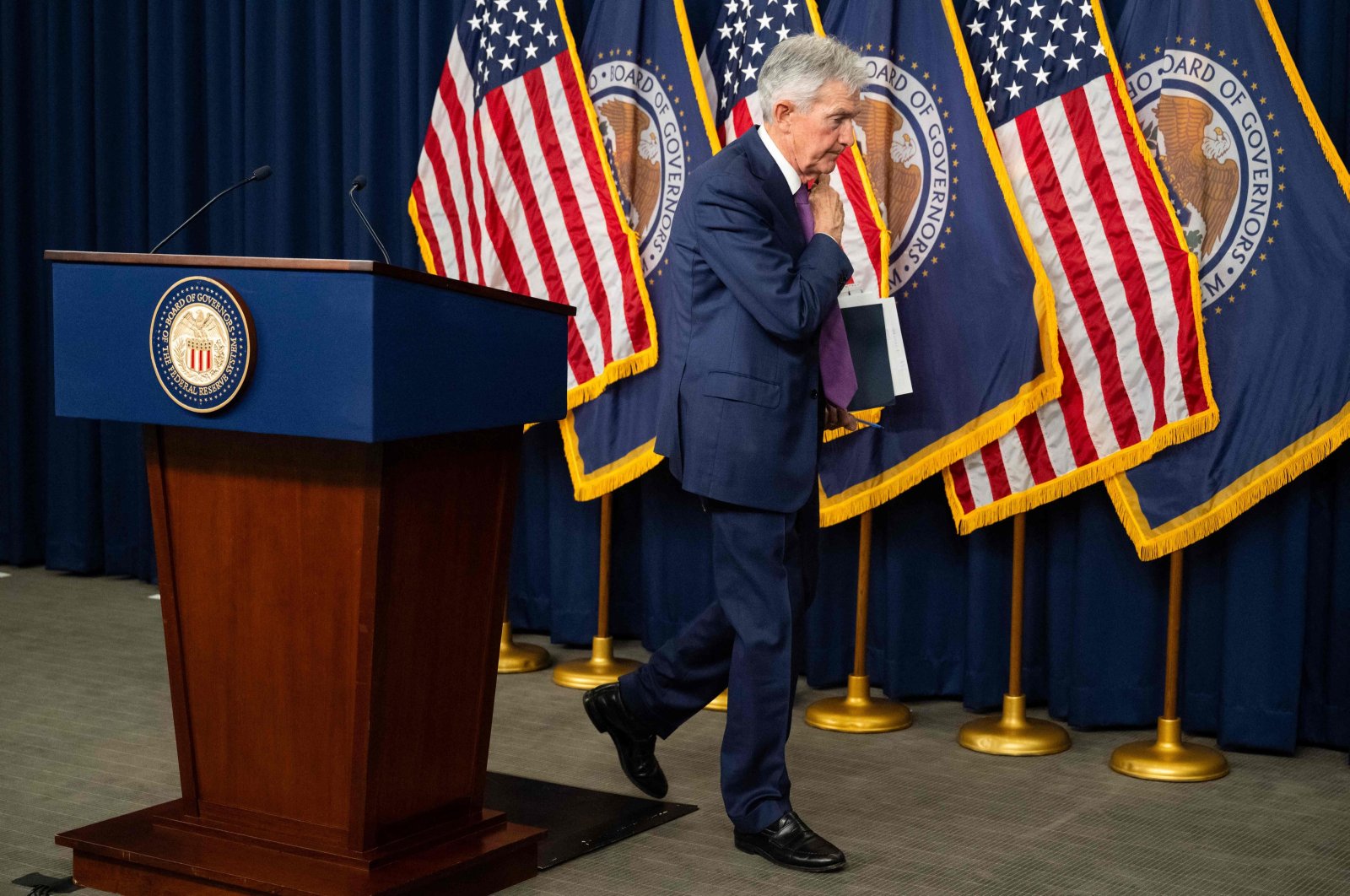 U.S. Federal Reserve Chair Jerome Powell departs after speaking at a press conference at the end of the Federal Open Market Committee (FOMC) meeting in Washington, DC, U.S., May 1, 2024. (AFP Photo)