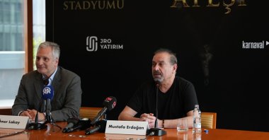 Fire of Anatolia artistic director Mustafa Erdoğan (R) and Ömer Lakay, the CEO of BWO Entertainment, attend the news conference for the group&#039;s 25th-anniversary event, Istanbul, Türkiye, April 30, 2024