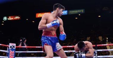 Ryan Garcia (L) knocks out Romero Duno during their WBC silver and NABO lightweight title bout at MGM Grand Garden Arena, Las Vegas, U.S., Nov 2, 2019. (Reuters Photo)