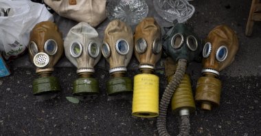 Soviet-era gas masks are for sale at a flea market in Kyiv, Ukraine, July 8, 2023. (AP Photo)