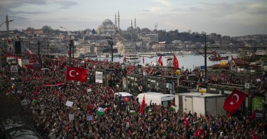 Thousands demonstrate to show solidarity with Palestinians amid the ongoing conflict in Gaza, in Istanbul, Türkiye, Jan. 1, 2024. (AP Photo)