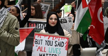 An Istanbul Medipol University student holds a poster that says "But You Said All Lives Matter" at a rally for Palestine and U.S. campus protests, Istanbul, Türkiye, May 2, 2024. (AA Photo)