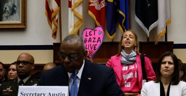 Code Pink for Peace activist Medea Benjamin interrupts Defense Secretary Lloyd Austin as he testifies before the House Armed Services Committee in the Rayburn House Office Building on Capitol Hill on April 30, 2024 in Washington, D.C. (AFP Photo)