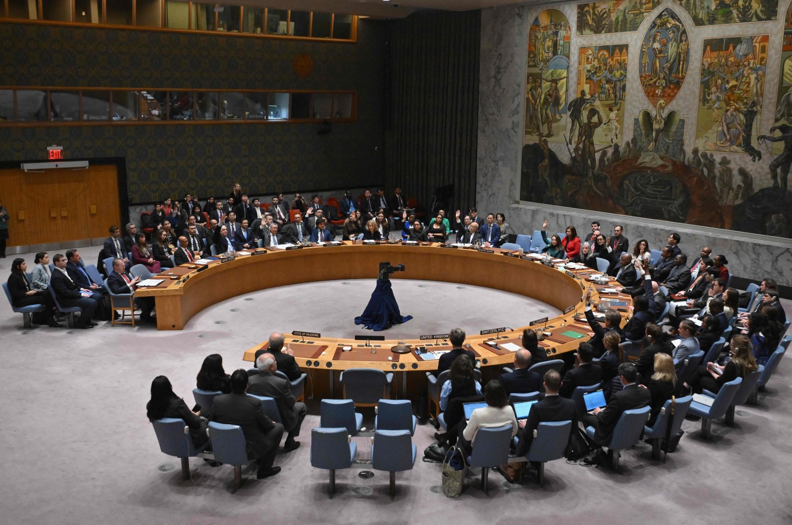 The UN Security Council votes on a resolution allowing Palestinian UN membership at United Nations headquarters, New York, U.S., April 18, 2024. (AFP Photo)