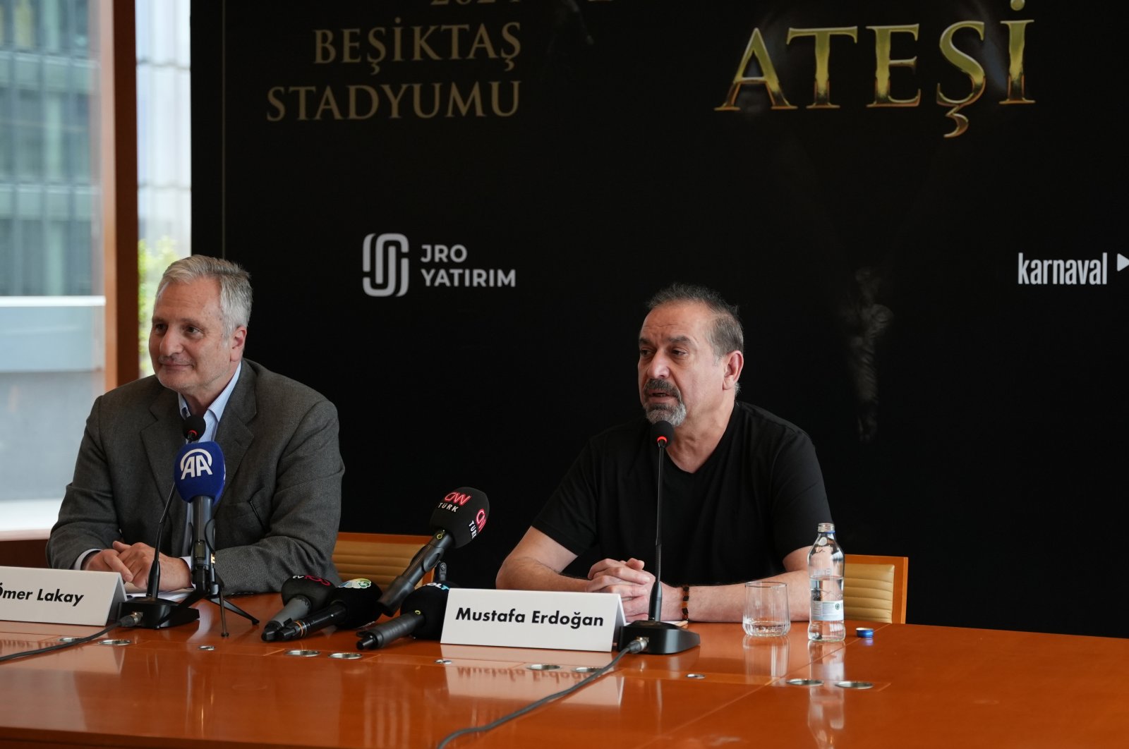 Fire of Anatolia artistic director Mustafa Erdoğan (R) and Ömer Lakay, the CEO of BWO Entertainment, attend the news conference for the group&#039;s 25th-anniversary event, Istanbul, Türkiye, April 30, 2024