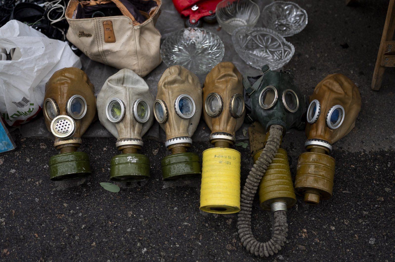Soviet-era gas masks are for sale at a flea market in Kyiv, Ukraine, July 8, 2023. (AP Photo)