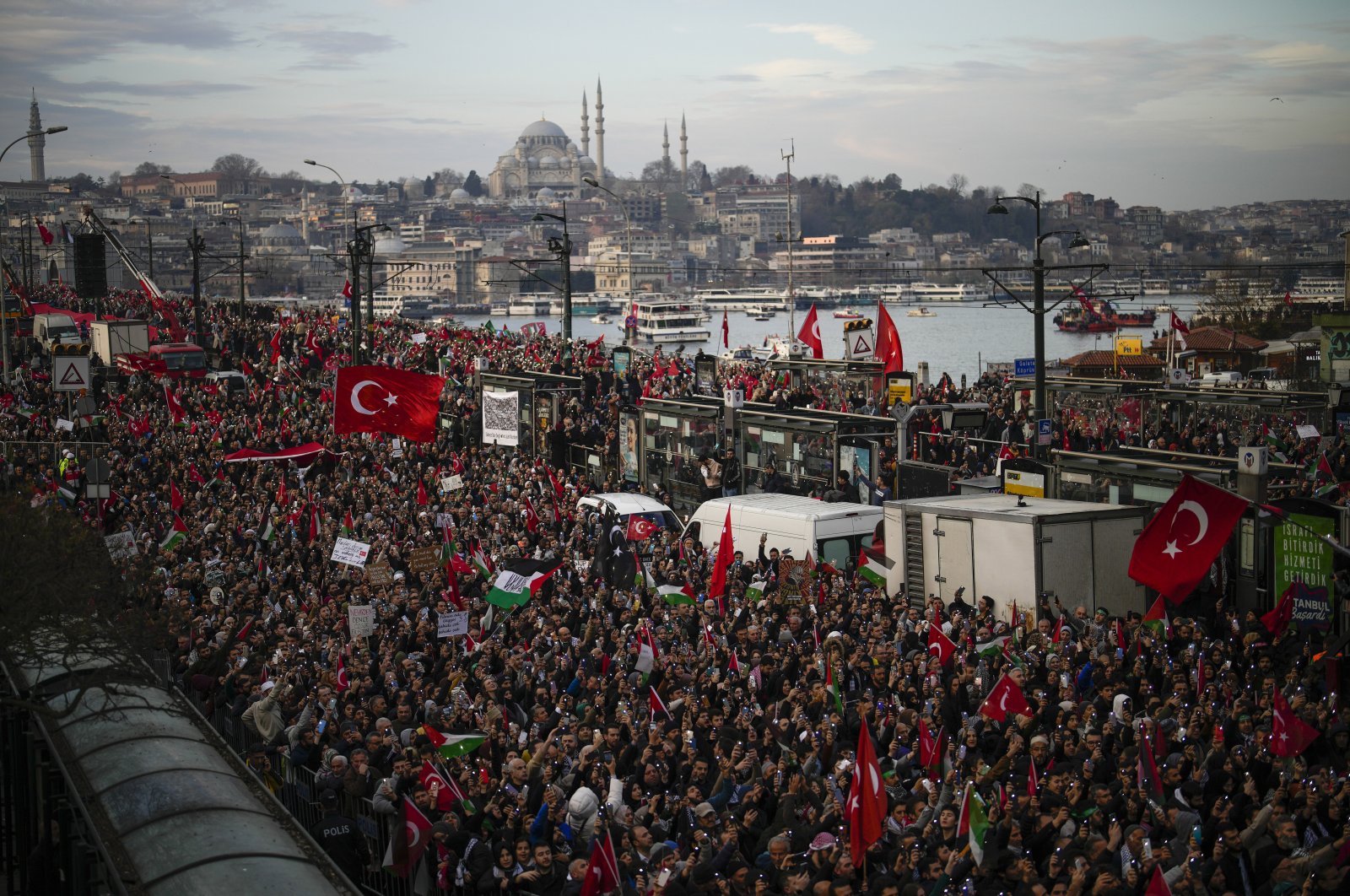 Thousands demonstrate to show solidarity with Palestinians amid the ongoing conflict in Gaza, in Istanbul, Türkiye, Jan. 1, 2024. (AP Photo)