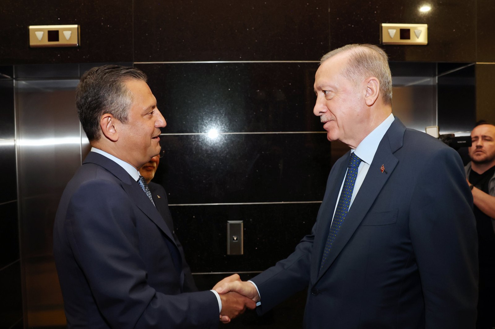 President Recep Tayyip Erdoğan (L) shakes hand with Özgür Özel, in the capital Ankara, Türkiye, May 2, 2024. (AA Photo) 