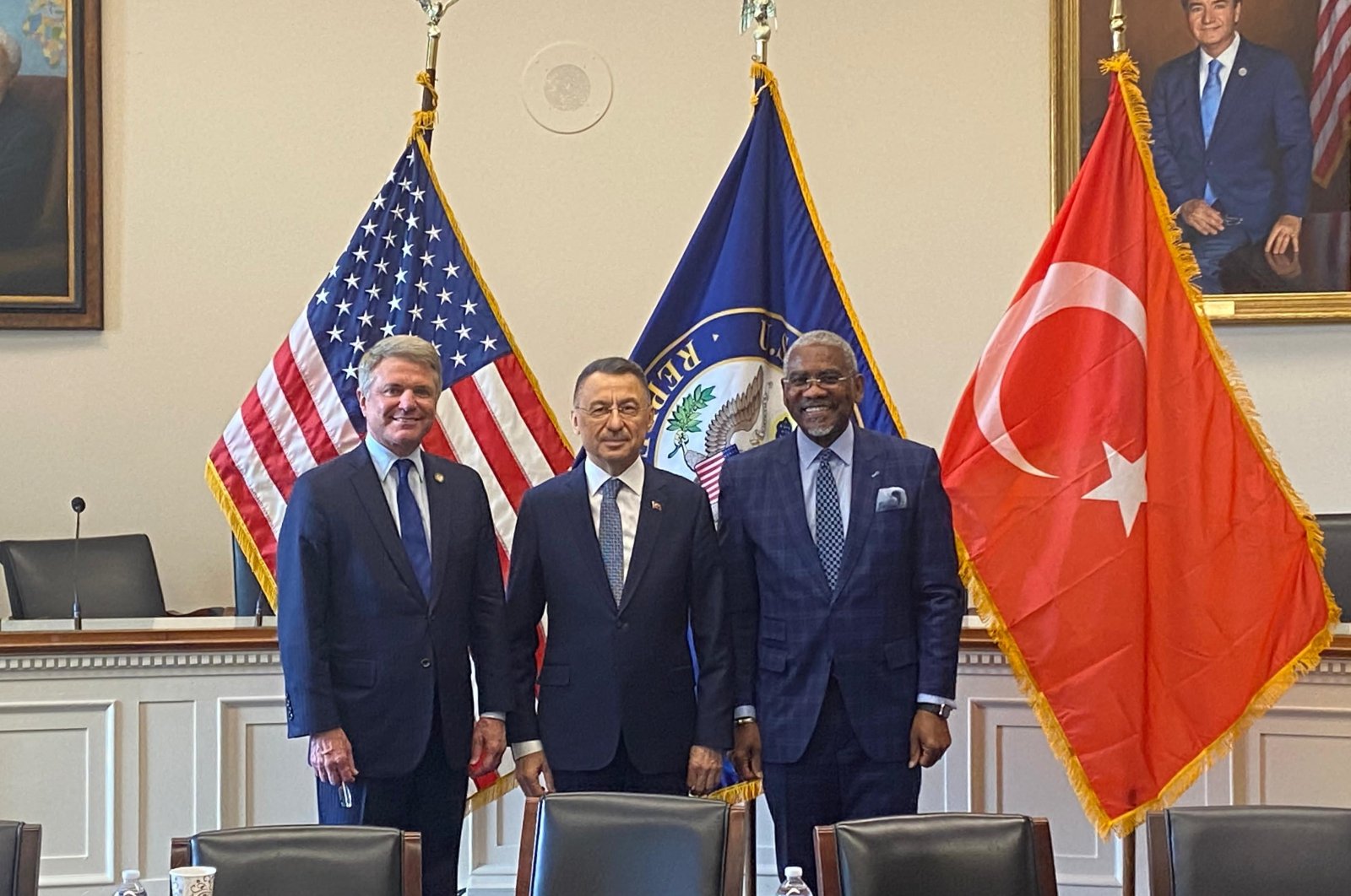 Fuat Oktay poses with House Foreign Affairs Committee Chairman Michael McCaul and Congressman Gregory Meeks in Washington, May 2, 2024. (AA Photo)