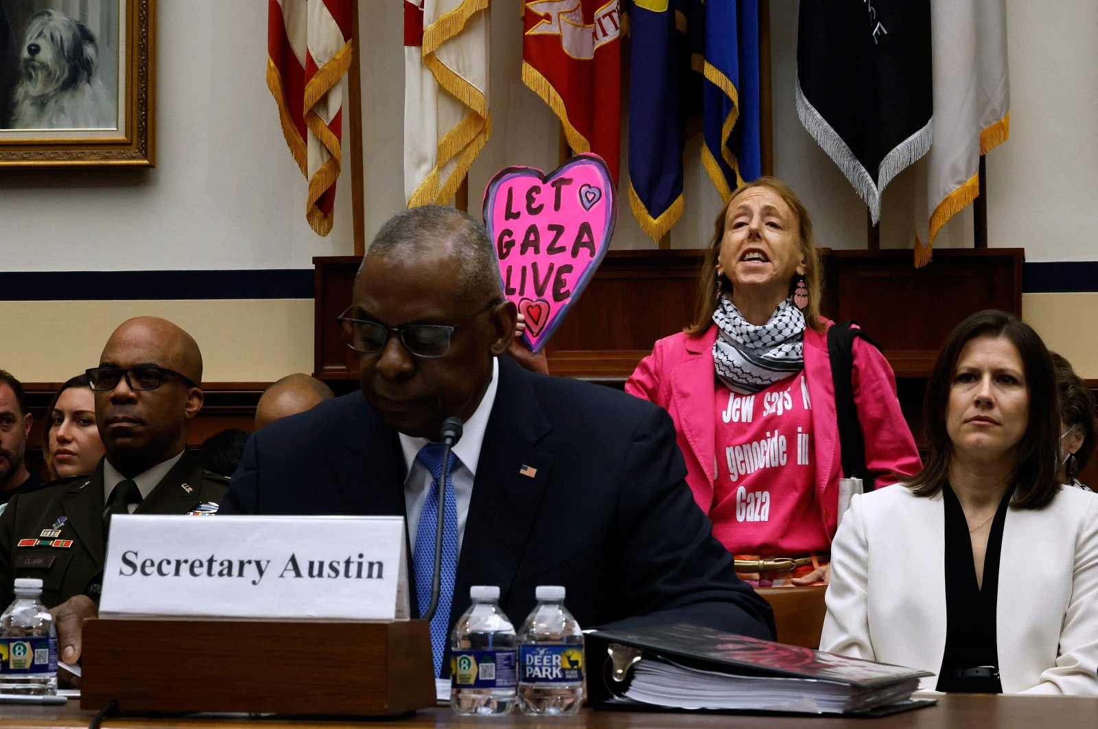 Code Pink for Peace activist Medea Benjamin interrupts Defense Secretary Lloyd Austin as he testifies before the House Armed Services Committee in the Rayburn House Office Building on Capitol Hill on April 30, 2024 in Washington, D.C. (AFP Photo)
