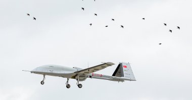 The Bayraktar TB3 unmanned combat aerial vehicle is photographed during its test flight, AKINCI Flight Training and Test Center in the Çorlu district of Tekirdağ, northwestern Türkiye, May 2, 2023. (AA Photo)