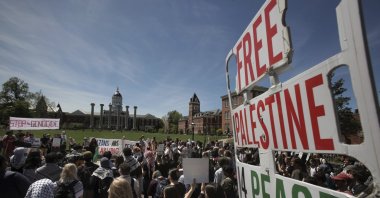 Speakers take turns addressing a rally on Francis Quadrangle at the University of Missouri campus, in Columbia, Missouri, U.S., April 29, 2024. (AP Photo)