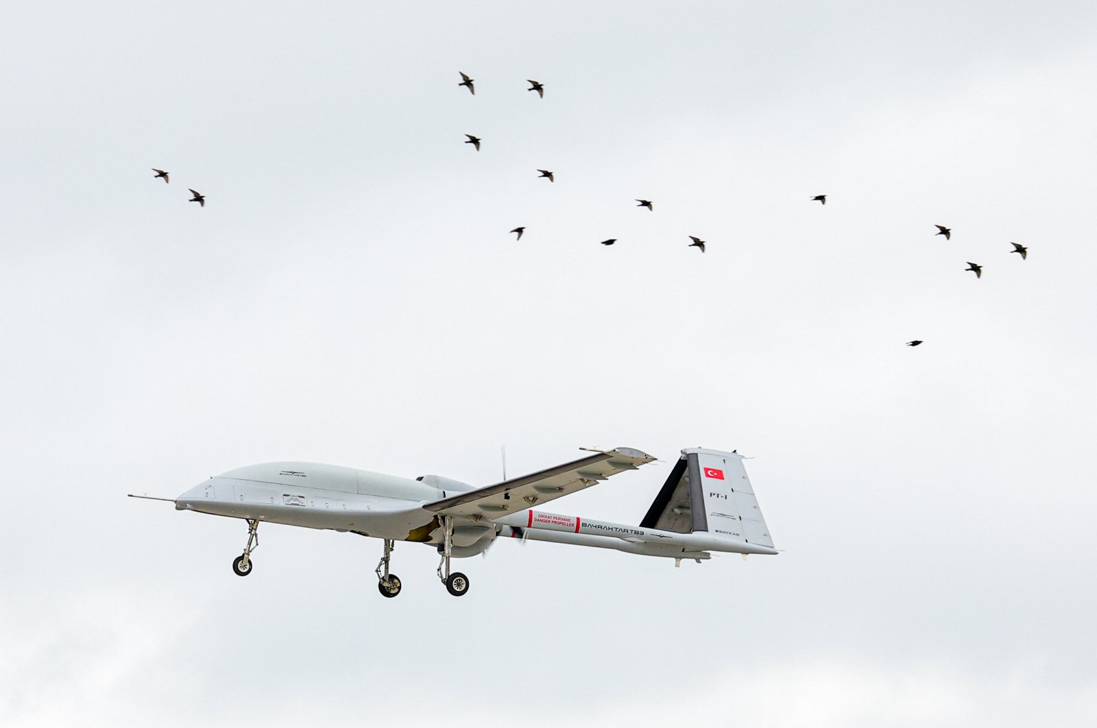 The Bayraktar TB3 unmanned combat aerial vehicle is photographed during its test flight, AKINCI Flight Training and Test Center in the Çorlu district of Tekirdağ, northwestern Türkiye, May 2, 2023. (AA Photo)