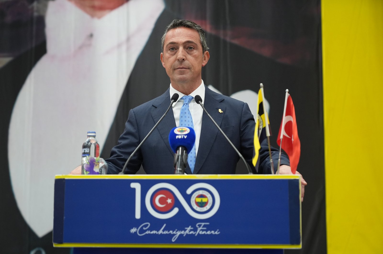 Ali Koç speaks during Fenerbahçe&#039;s Club High Council Board (YDK) meeting at Faruk Ilgaz Facilities, Istanbul, Türkiye, April 27, 2024. (AA Photo)