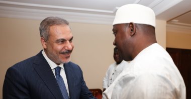 Foreign Minister Hakan Fidan meets with the President of Gambia, Adama Barrow, in Banjul on Saturday, May 4, 2024. (AA Photo)