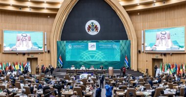 Delegates listen to speeches at the Sir Dawda Kairaba Jawara International Conference Center during the Organization of Islamic Cooperation (OIC) 2024 Summit in Banjul on May 4, 2024. (AFP Photo)