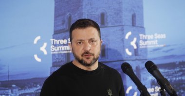 Ukraine's President Volodymyr Zelenskyy speaks to the media during the doorstep of the Three Seas (3SI) Summit at the Palace of the Grand Dukes of Lithuania in Vilnius, Lithuania, April 11, 2024. (EPA Photo)