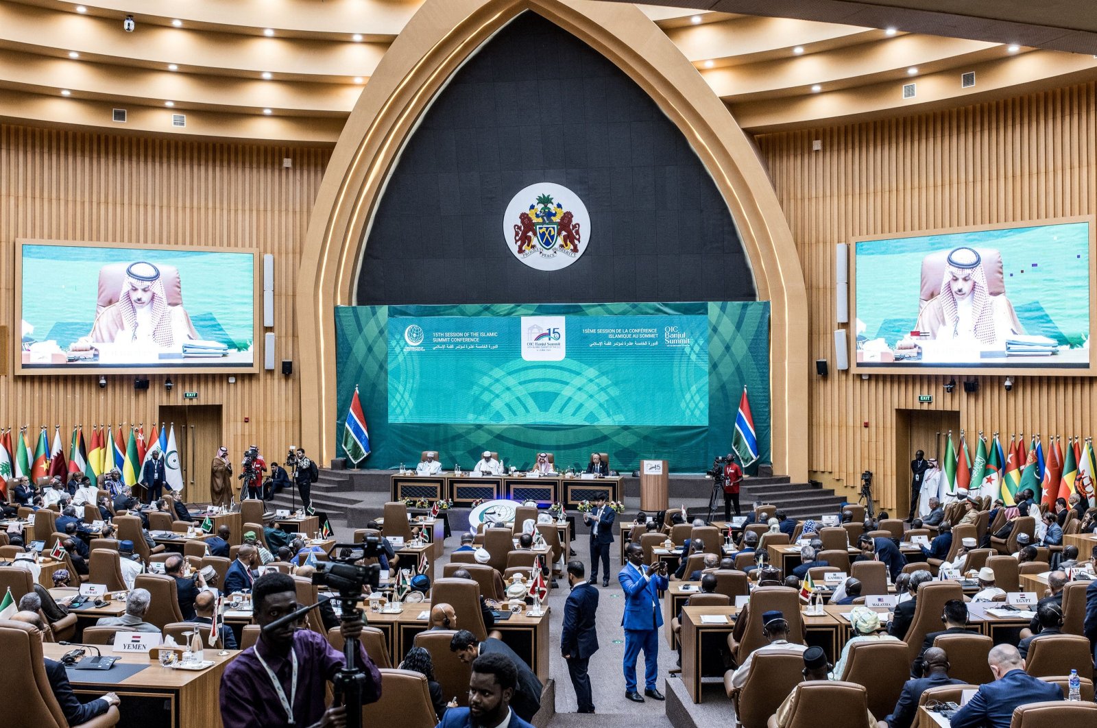 Delegates listen to speeches at the Sir Dawda Kairaba Jawara International Conference Center during the Organization of Islamic Cooperation (OIC) 2024 Summit in Banjul on May 4, 2024. (AFP Photo)