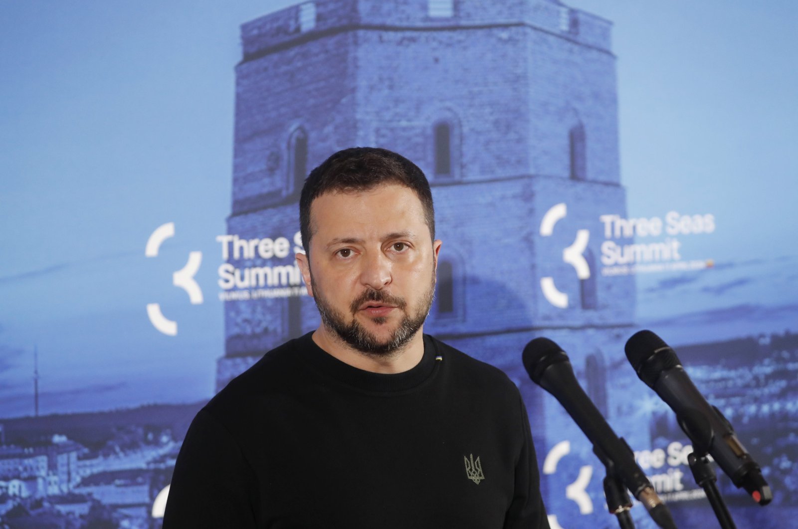 Ukraine&#039;s President Volodymyr Zelenskyy speaks to the media during the doorstep of the Three Seas (3SI) Summit at the Palace of the Grand Dukes of Lithuania in Vilnius, Lithuania, April 11, 2024. (EPA Photo)