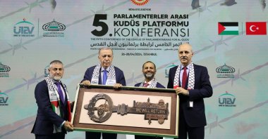 President Recep Tayyip Erdoğan is seen at the fifth conference of the League of Parliamentarians for Al-Quds and Palestine, Istanbul, Türkiye, April 26, 2024 (AA Photo)