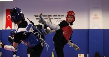 Turkish taekwondo team players in action during a training camp, Konya, Türkiye, May 5, 2024. (IHA Photo)