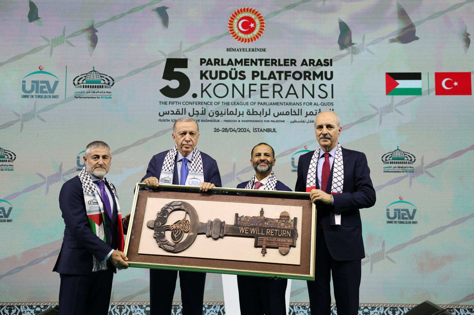 President Recep Tayyip Erdoğan is seen at the fifth conference of the League of Parliamentarians for Al-Quds and Palestine, Istanbul, Türkiye, April 26, 2024 (AA Photo)