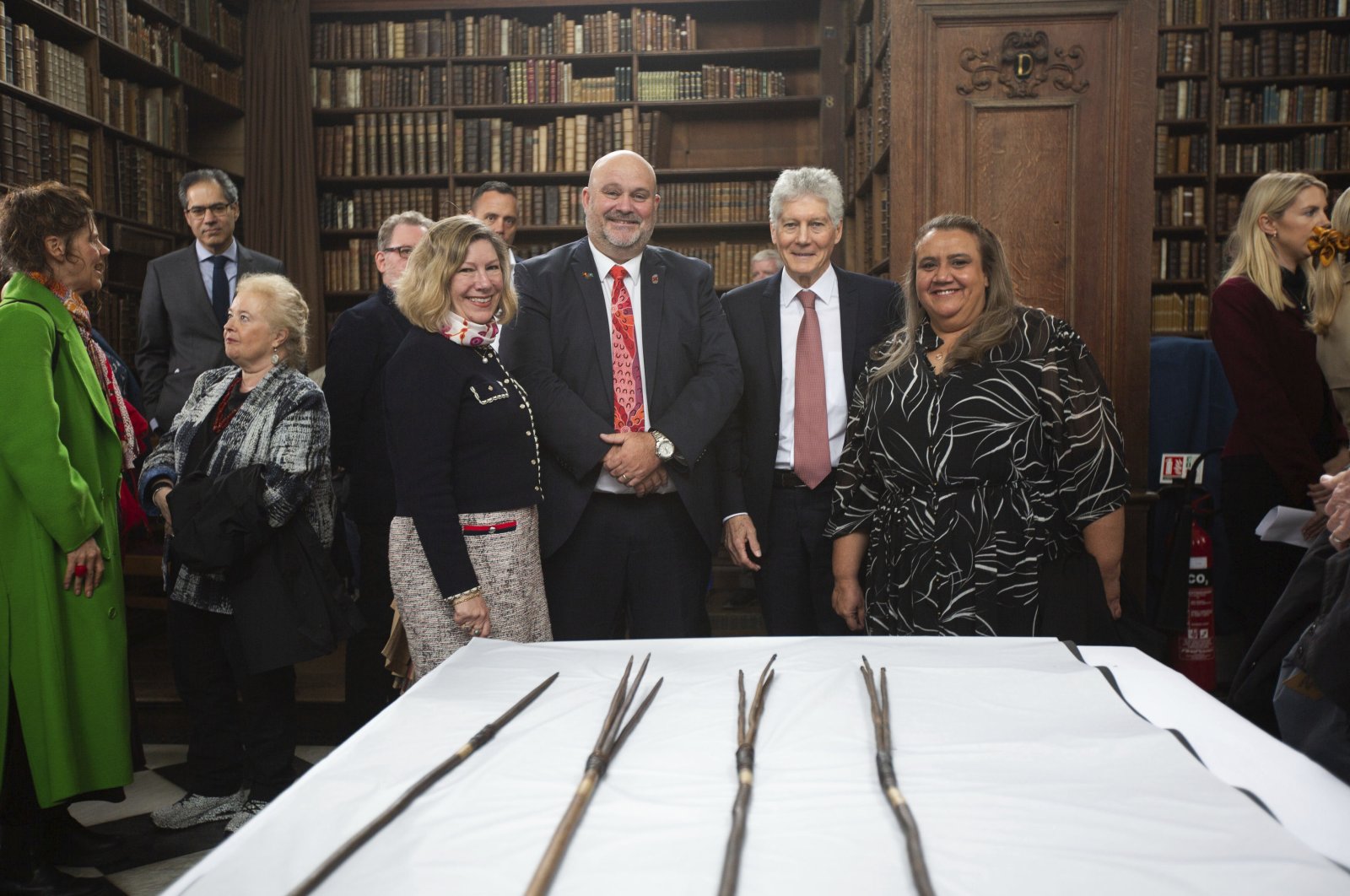The four Aboriginal spears that were brought to England by Captain James Cook more than 250 years ago and have now been repatriated to Australia in a ceremony at Trinity College in Cambridge, April 23, 2024. (AP Photo)