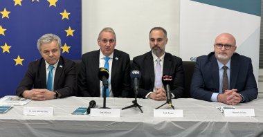 DAVA leader Teyfik Özcan (2nd L) and the party&#039;s EP elections candidates hold a press conference in the western city of Gelsenkirchen, Germany, May 3, 2024. (AA Photo)