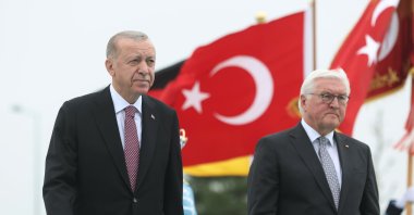 President Recep Tayyip Erdoğan and German President Frank-Walter Steinmeier review the honor guard, during a welcome ceremony at the Presidential Palace in Ankara, Türkiye, April 24, 2024. (EPA Photo)