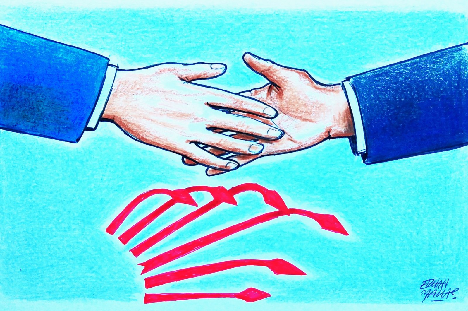 &quot;Although CHP&#039;s Özel highlighted the importance of shaking hands and noted that he discussed “everything” with President Erdoğan, some of his party’s senior officials and parliamentarians have marched to the Ministry of Education and described the new education model as &#039;obsolete.&#039;&quot; (Illustration by Erhan Yalvaç)