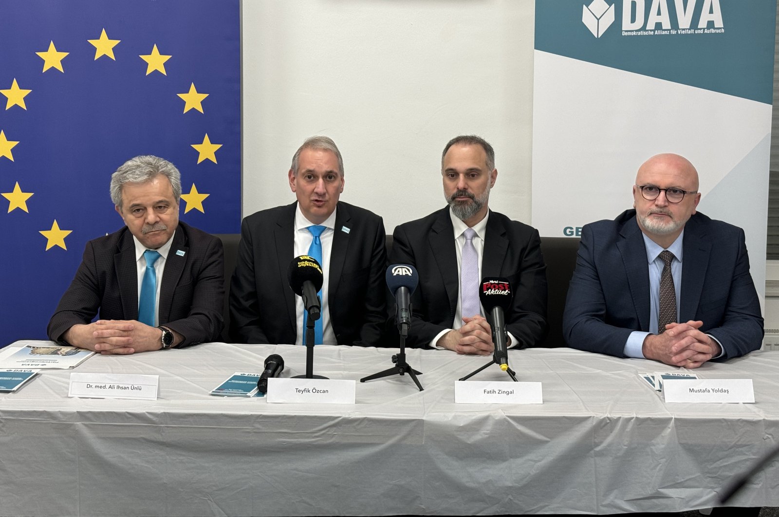DAVA leader Teyfik Özcan (2nd L) and the party&#039;s EP elections candidates hold a press conference in the western city of Gelsenkirchen, Germany, May 3, 2024. (AA Photo)