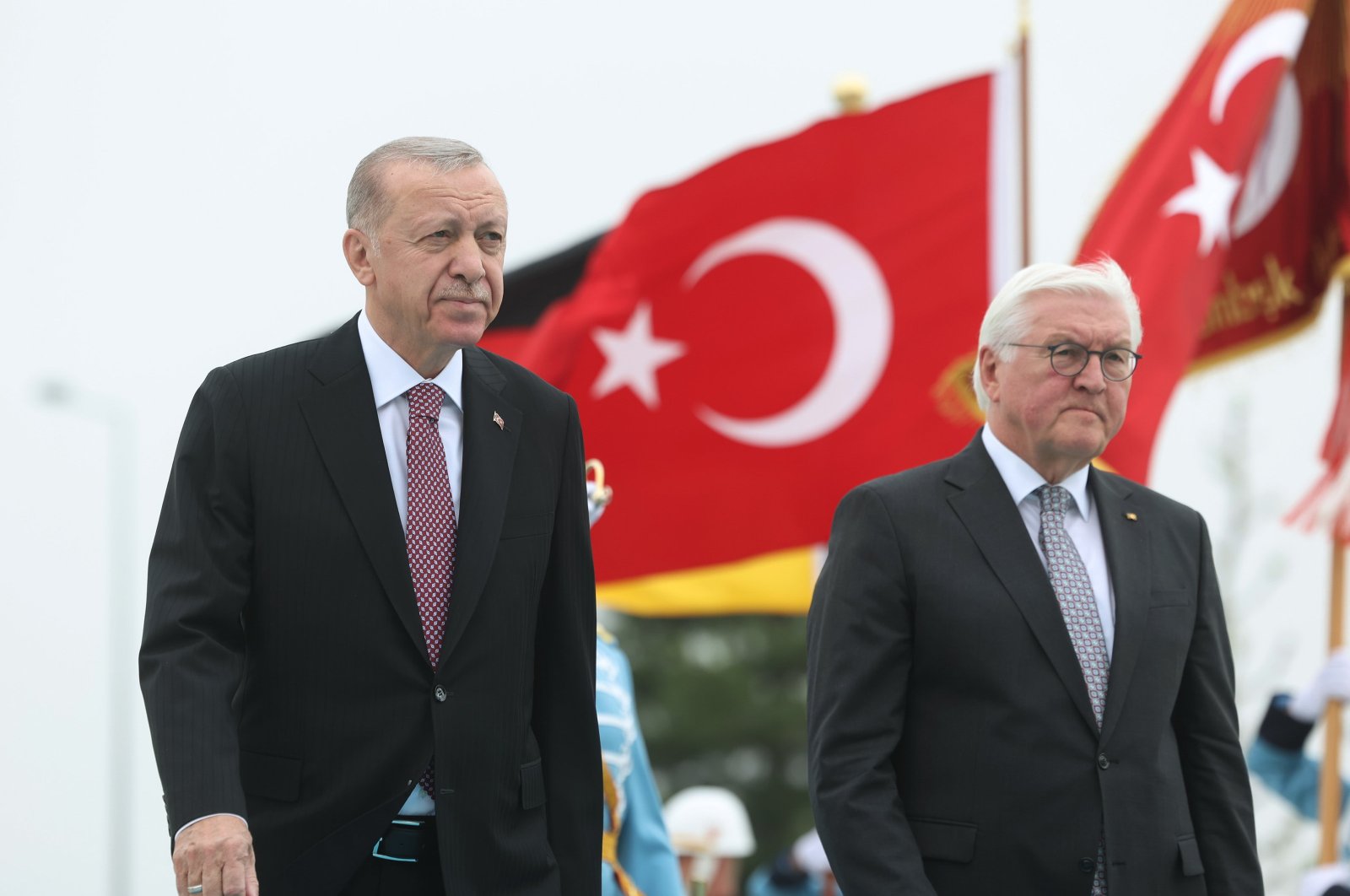 President Recep Tayyip Erdoğan and German President Frank-Walter Steinmeier review the honor guard, during a welcome ceremony at the Presidential Palace in Ankara, Türkiye, April 24, 2024. (EPA Photo)